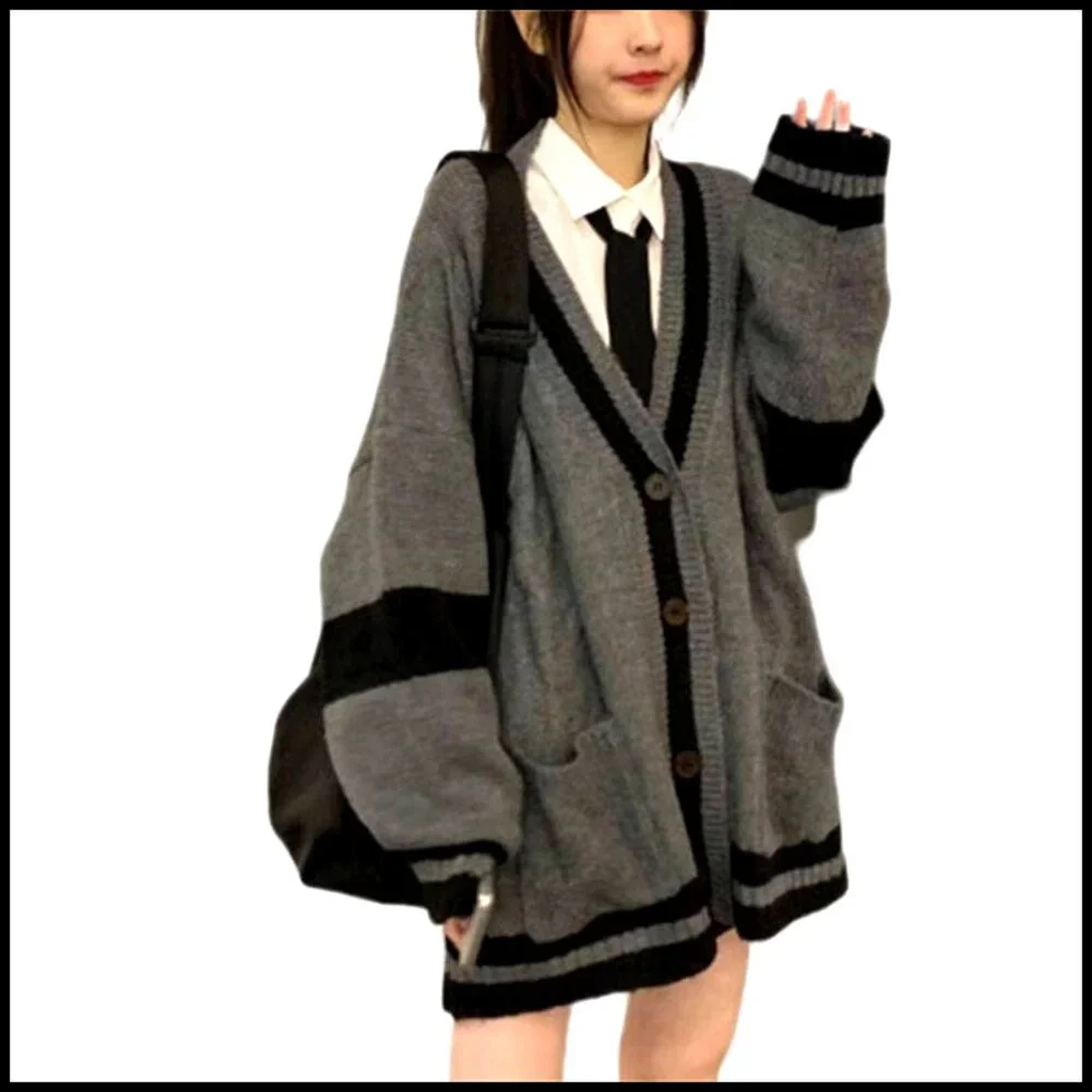 Loose V-Neck Button Knit Cardigan, Acrylic, Preppy Korean Style